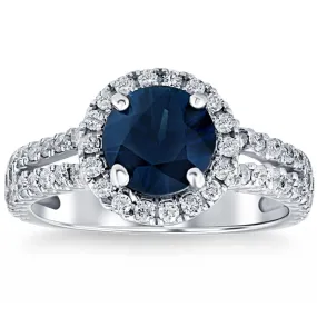 1 3/4Ct TW Diamond & Sapphire Halo Split Shank Engagement Ring 14k White Gold