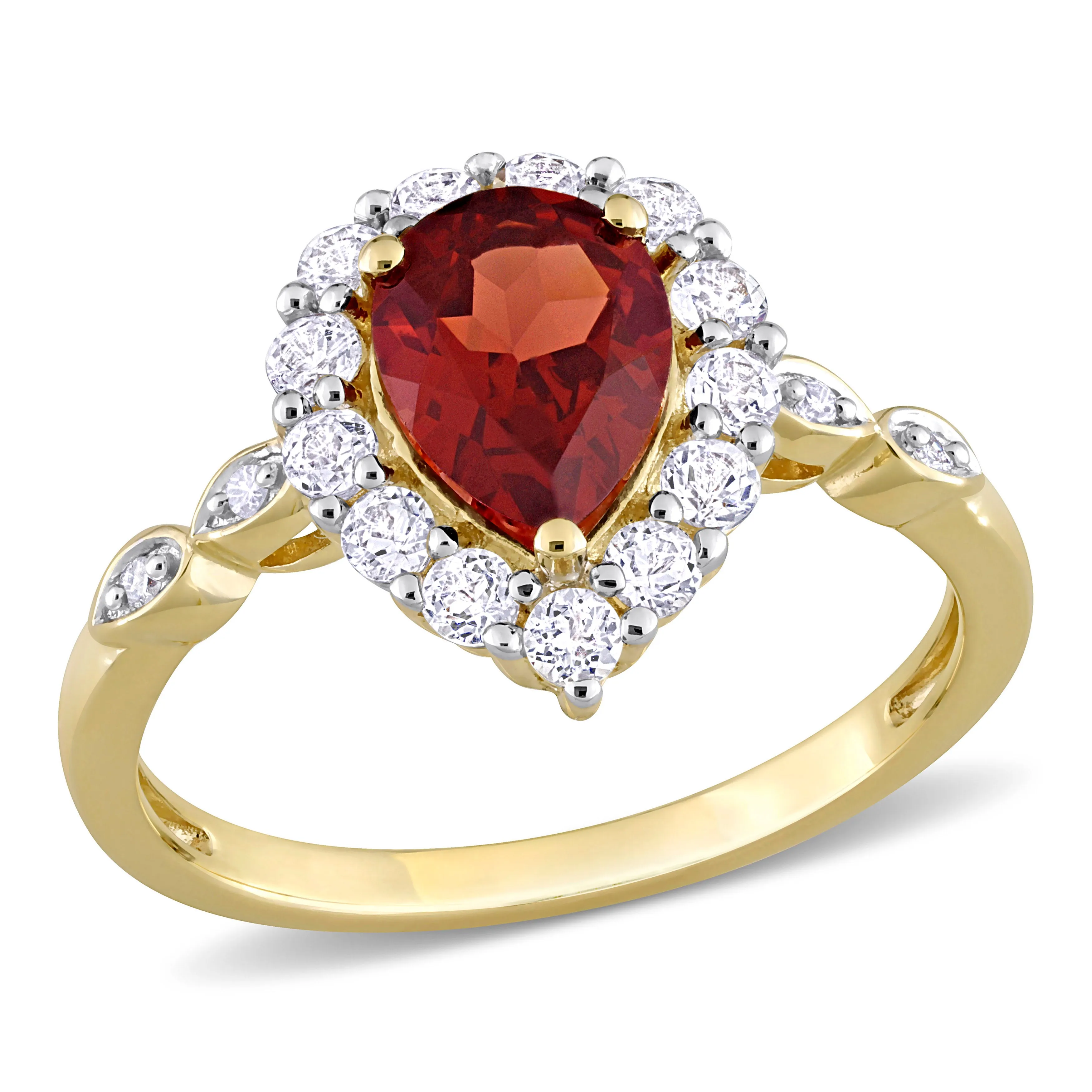 Pear Shape Garnet White Topaz Diamond Accent Halo Ring 10k Yellow Gold