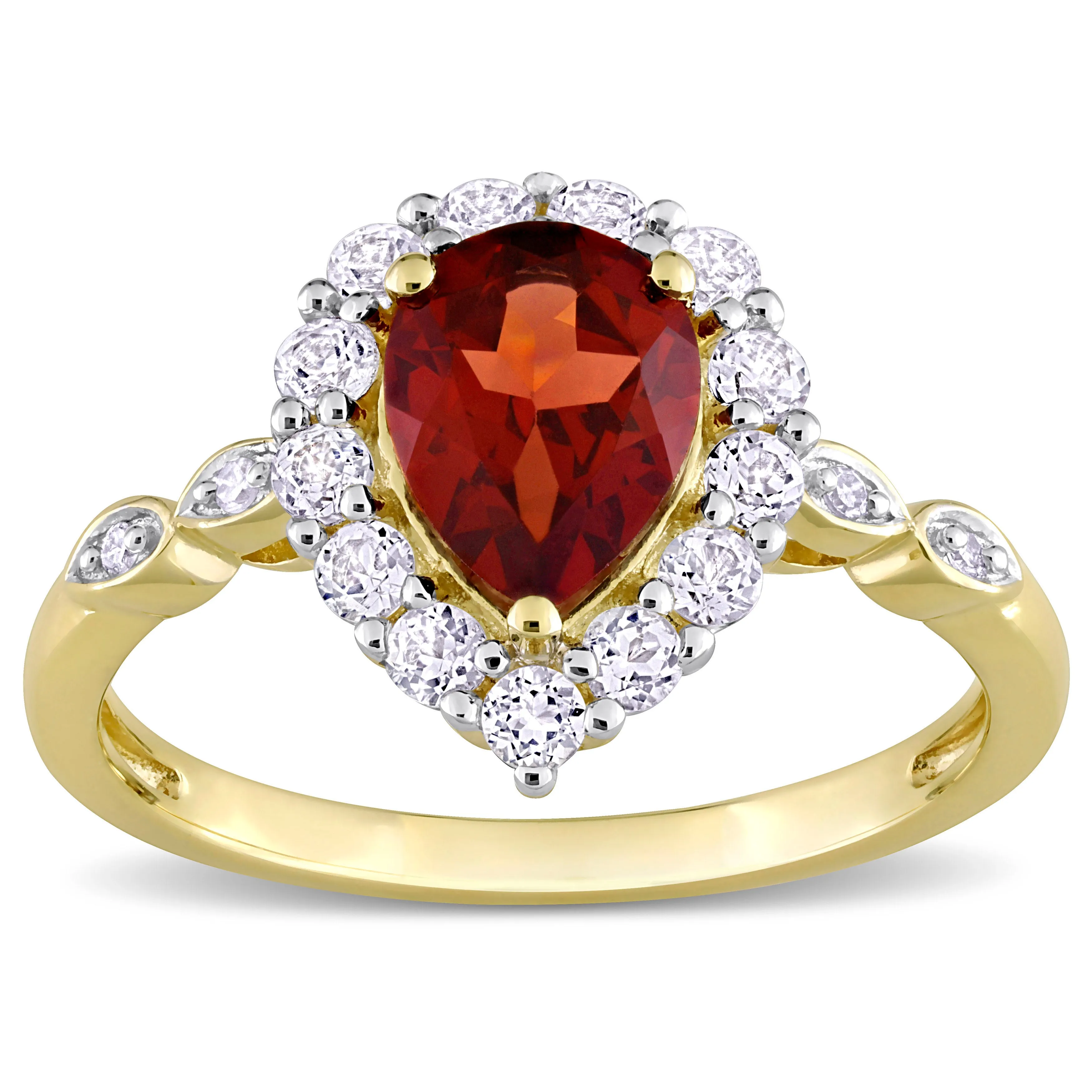 Pear Shape Garnet White Topaz Diamond Accent Halo Ring 10k Yellow Gold