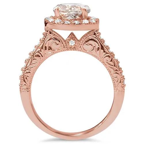 Vintage Morganite Diamond Engagement Ring Set 14K Rose Gold