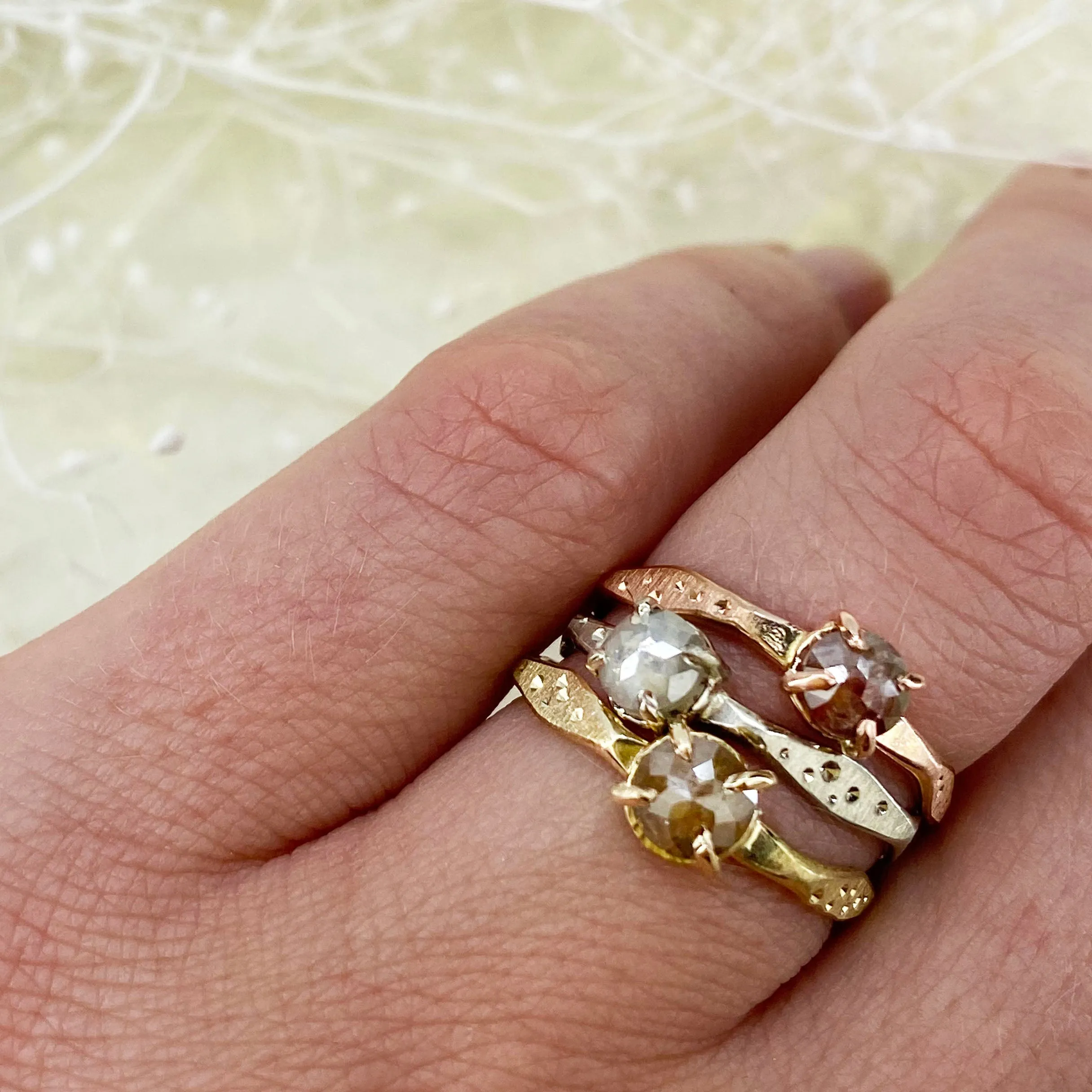 14k Gold Diamond Ring Stackers in Tri-Color Rose Cut Design