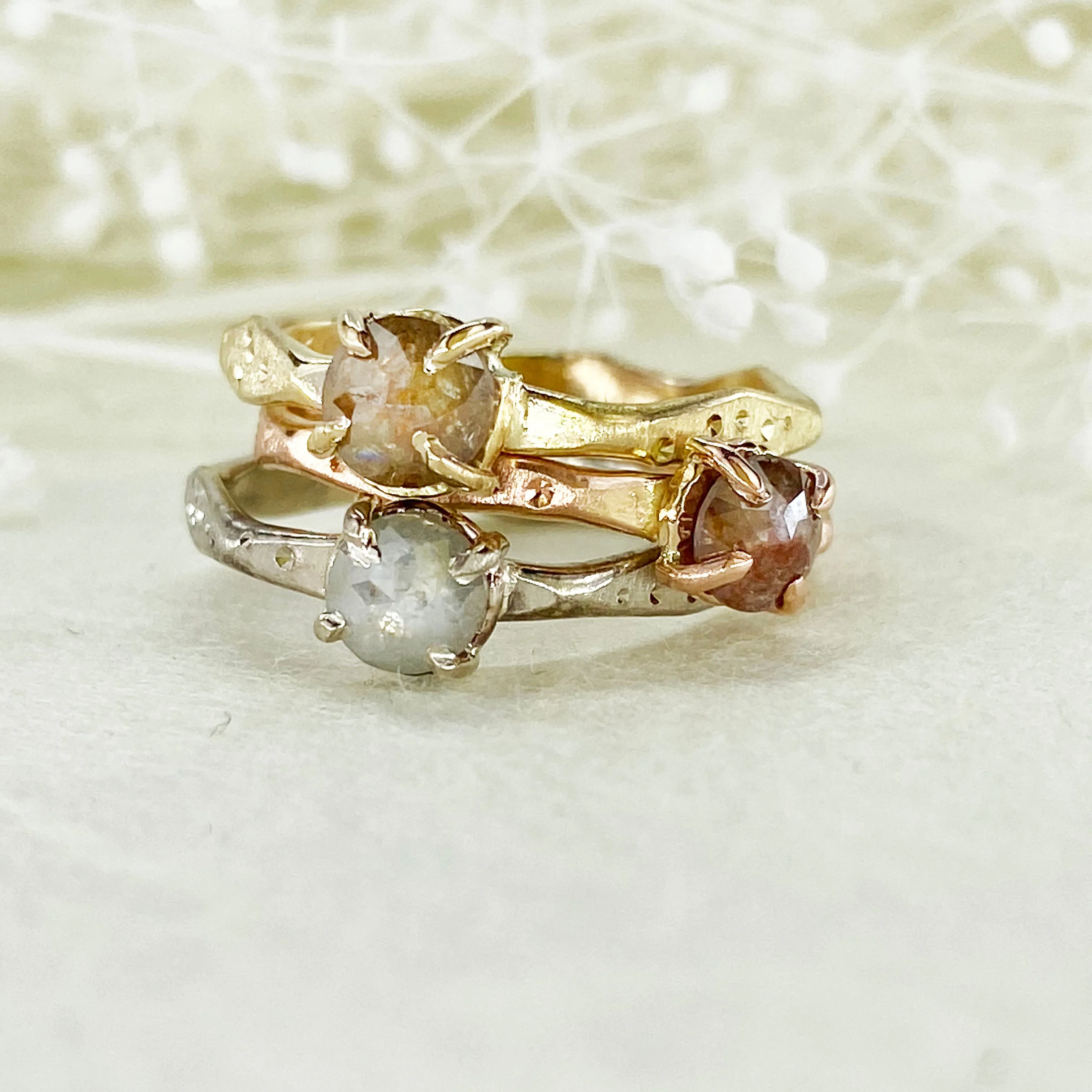 14k Gold Diamond Ring Stackers in Tri-Color Rose Cut Design