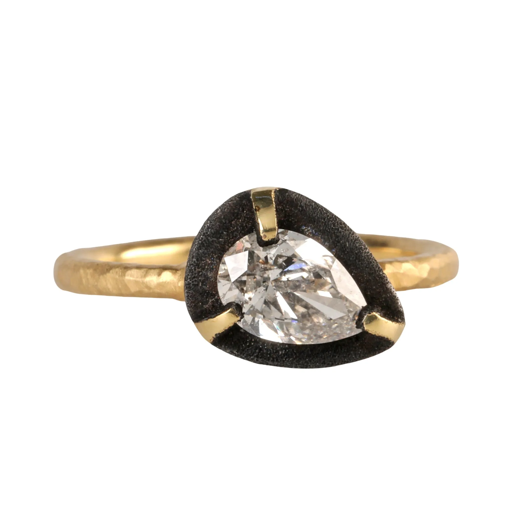 18K Gold Pear-Shaped Diamond Ring Blackened White Gold Halo