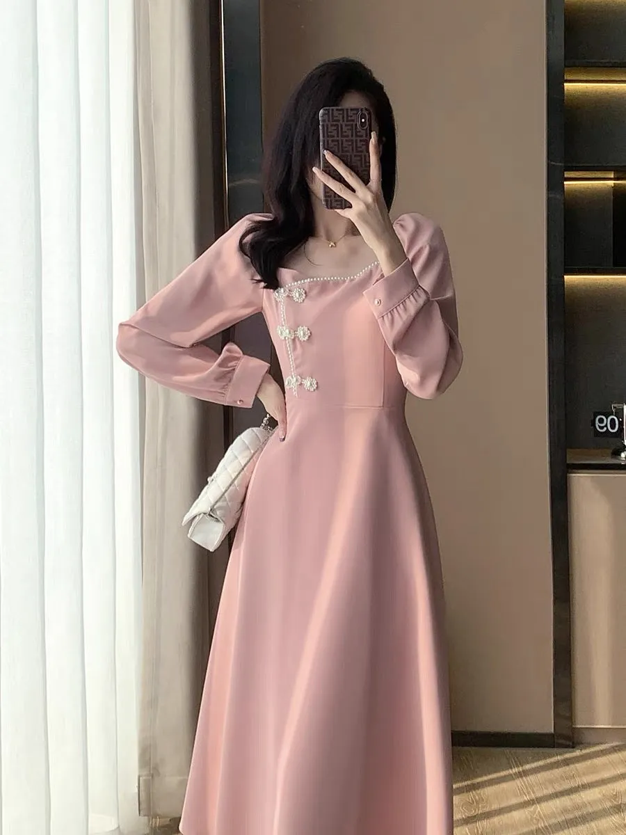 2023 Autumn New Retro Fashion Sweet Temperament Design Girl Slim Long Skirt Pink Dress