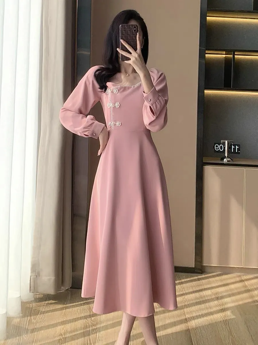 2023 Autumn New Retro Fashion Sweet Temperament Design Girl Slim Long Skirt Pink Dress