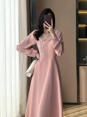 2023 Autumn New Retro Fashion Sweet Temperament Design Girl Slim Long Skirt Pink Dress