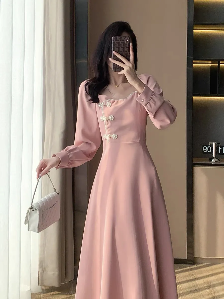 2023 Autumn New Retro Fashion Sweet Temperament Design Girl Slim Long Skirt Pink Dress