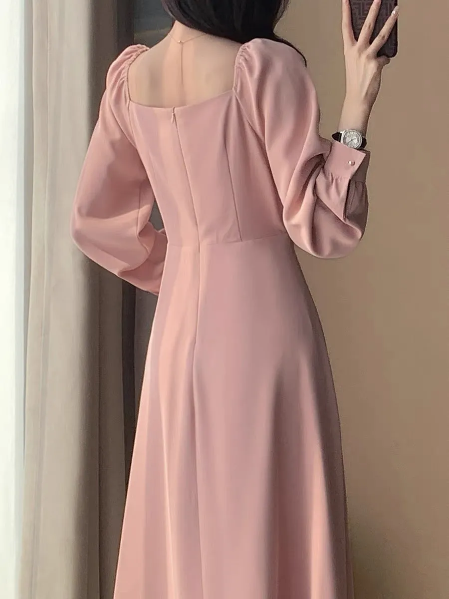 2023 Autumn New Retro Fashion Sweet Temperament Design Girl Slim Long Skirt Pink Dress