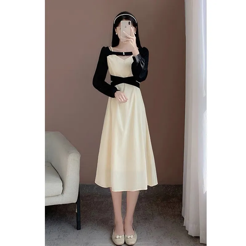 2023 new autumn French retro temperament girl niche slim design stitching long skirt chic dress