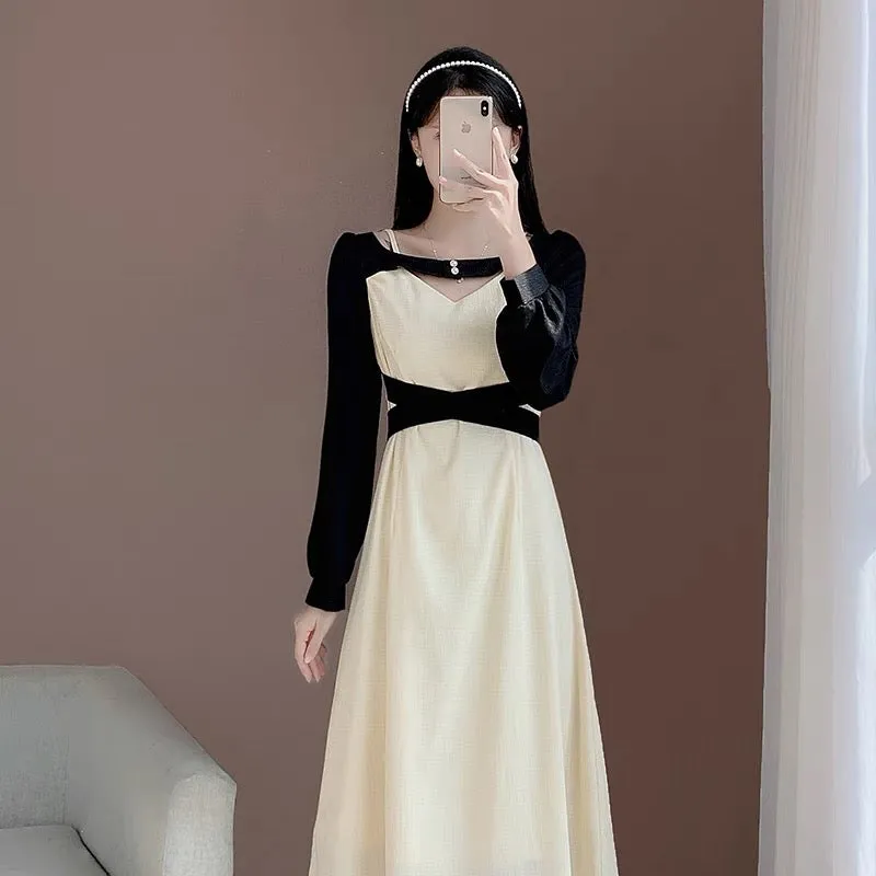 2023 new autumn French retro temperament girl niche slim design stitching long skirt chic dress