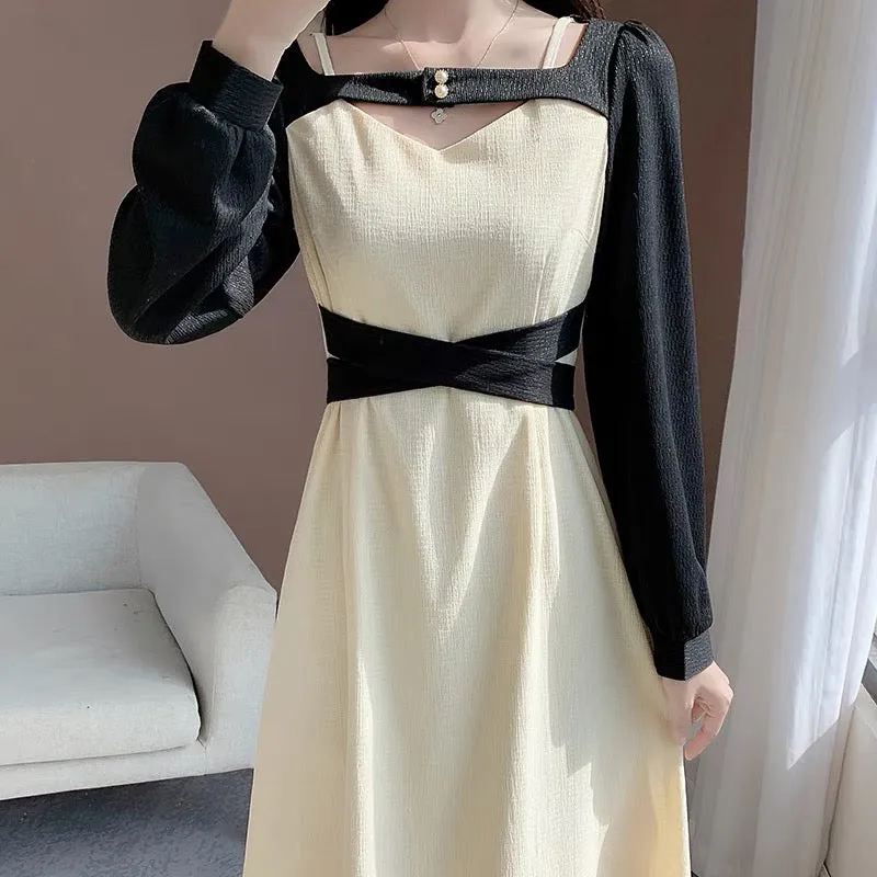 2023 new autumn French retro temperament girl niche slim design stitching long skirt chic dress