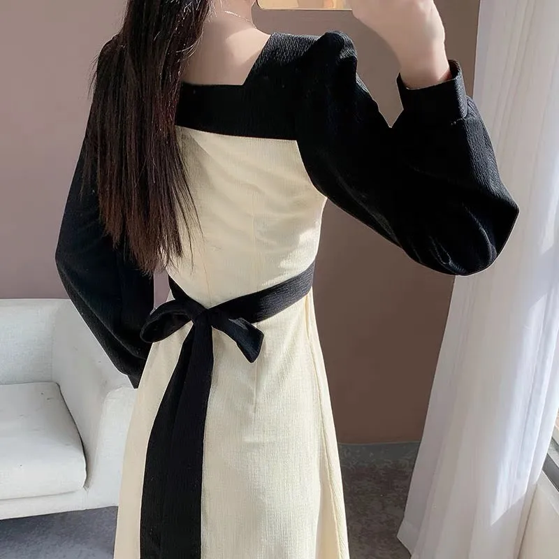 2023 new autumn French retro temperament girl niche slim design stitching long skirt chic dress