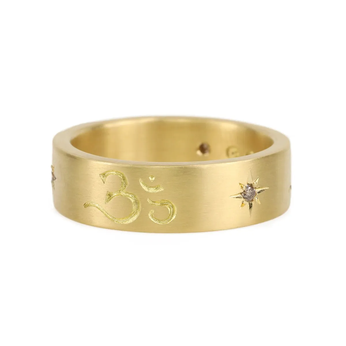 20K Gold Engraved Om Ring with Star-Set Cognac Diamonds