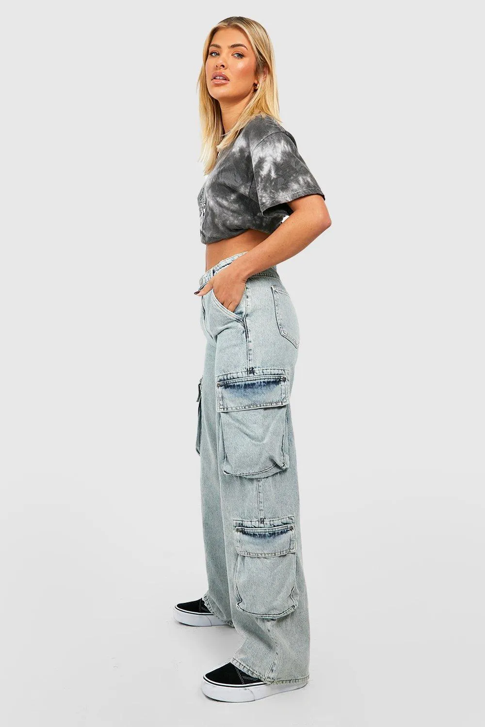 Acid Wash Multi Pocket Cargo Wide Leg Jeans