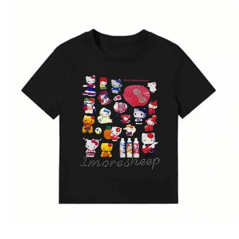 American short t-shirt for women in summer hellokitty white right shoulder short sleeve hot girl slim slim sweet cool top