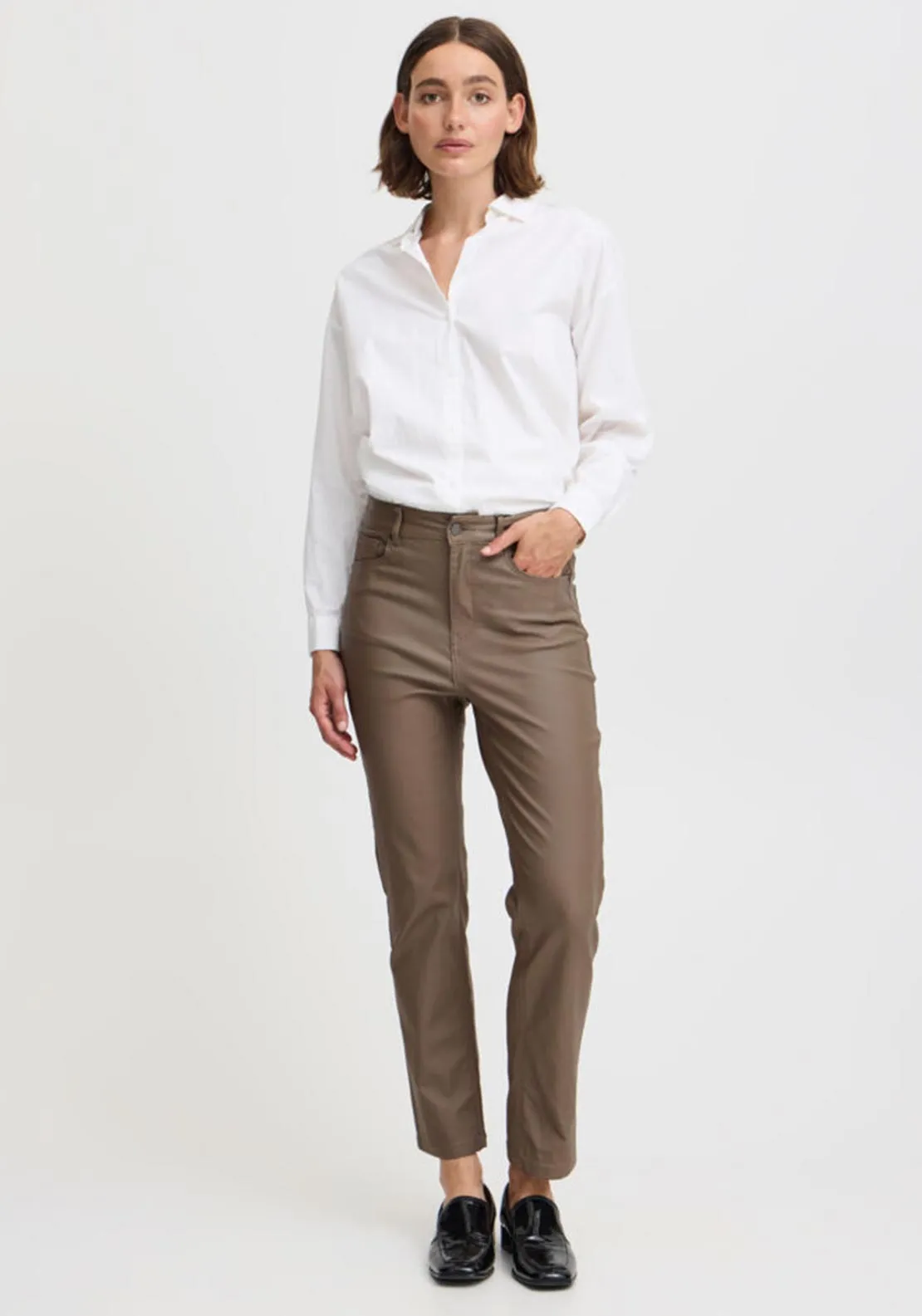 B. Young Coated Straight Leg Trousers, Brown