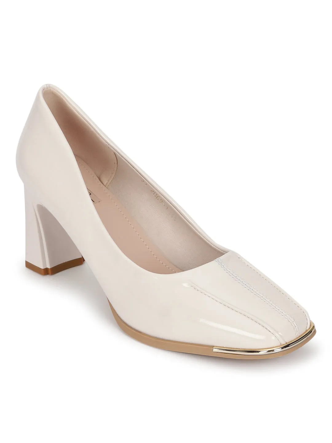 Beige Patent Block Heel Pumps (TC-RS2069-BEIG)