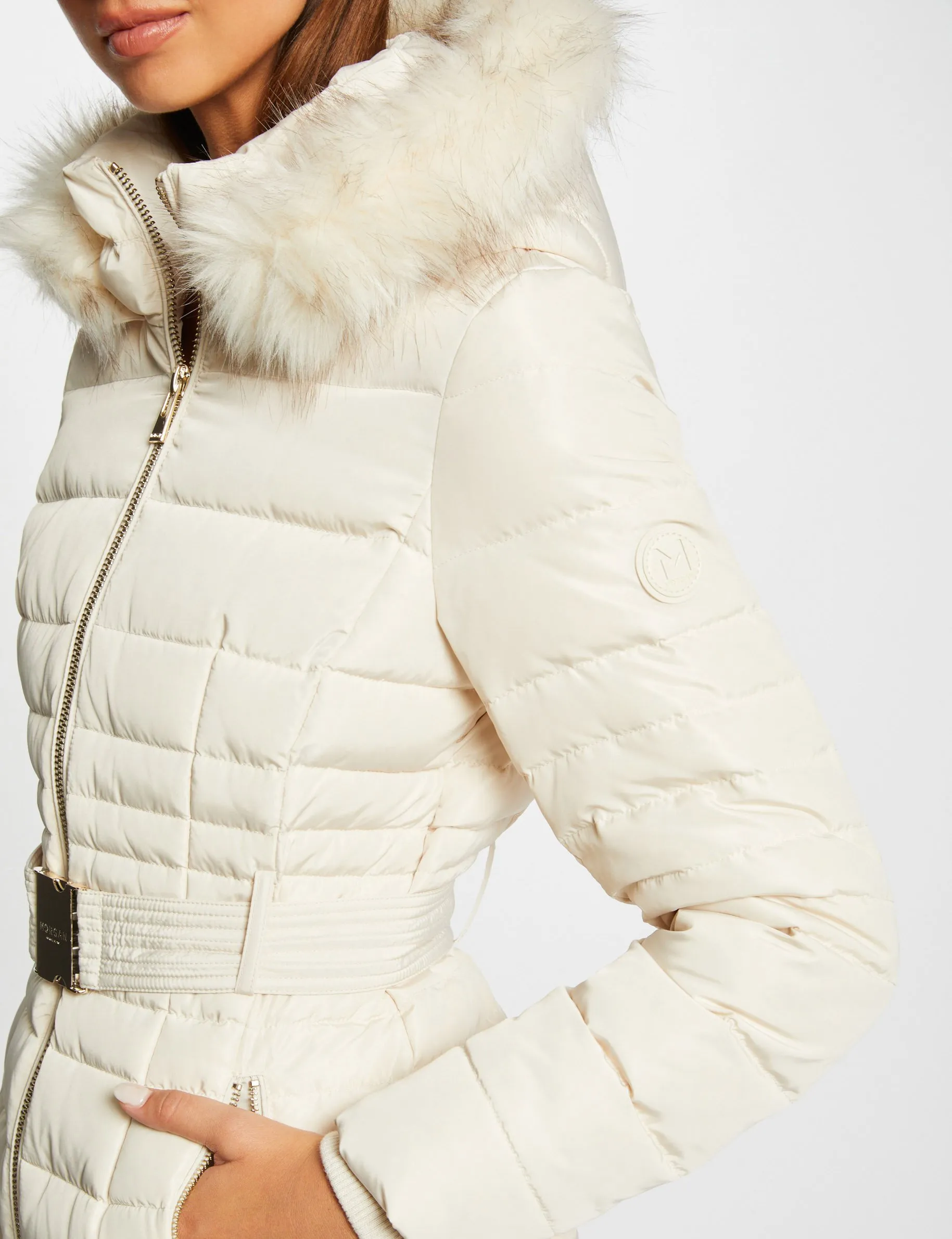 Belted waisted padded jacket with hood ivory women