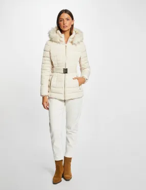 Belted waisted padded jacket with hood ivory women