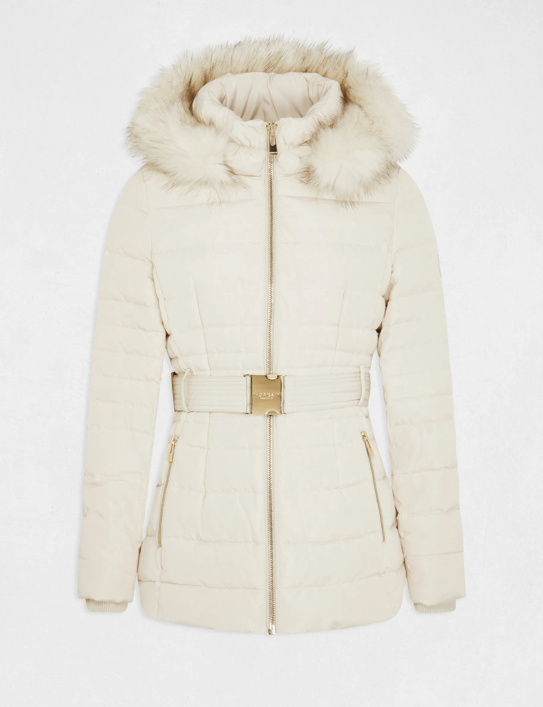 Belted waisted padded jacket with hood ivory women