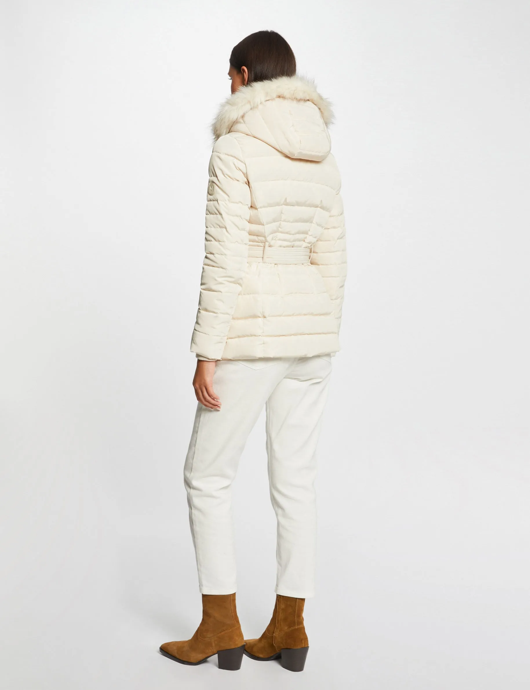 Belted waisted padded jacket with hood ivory women