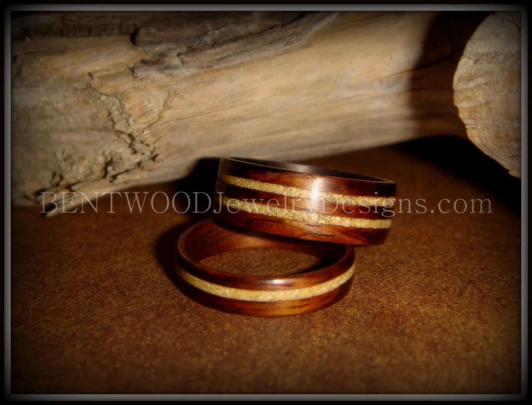 Rosewood Bentwood Ring Set with Fossil Inlays