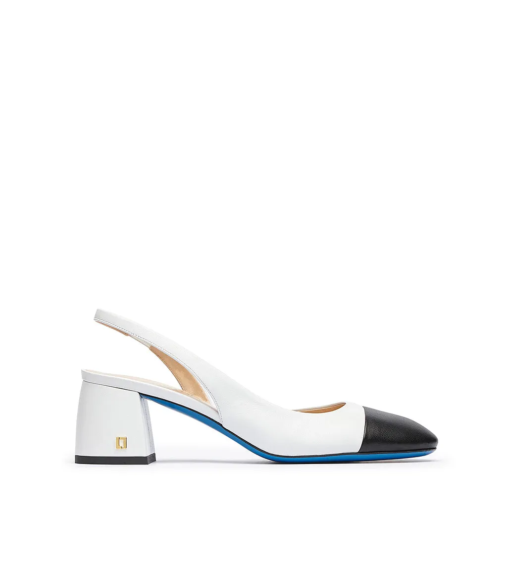 Black & White Nappa Leather Logo Plaque Slingback Pumps