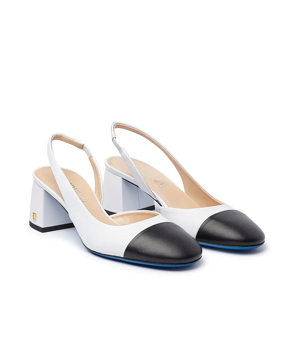 Black & White Nappa Leather Logo Plaque Slingback Pumps