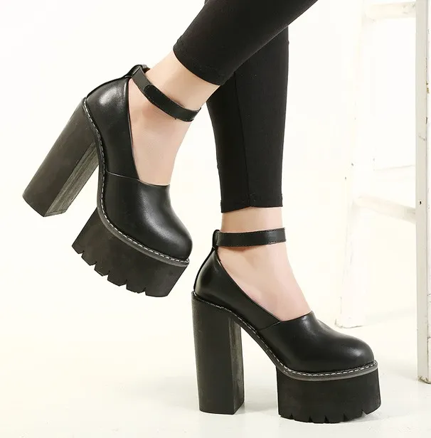 Black Chunky Cleated Platform High Heel Shoes