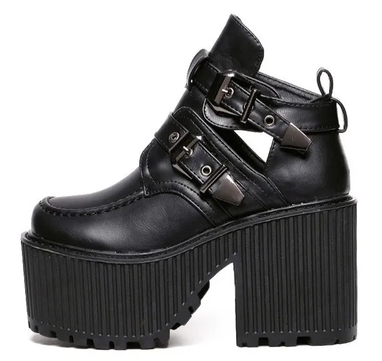 Black double buckle punk rock chunky heels boots