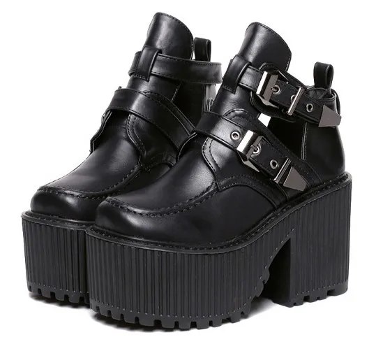 Black double buckle punk rock chunky heels boots