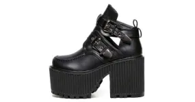 Black double buckle punk rock chunky heels boots