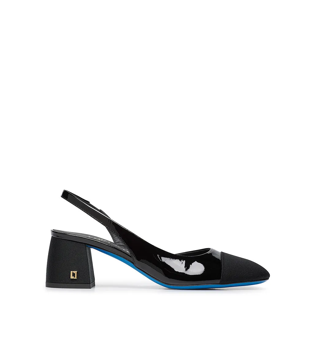 Black Fabric & Patent Leather Logo Plaque Slingback Pumps