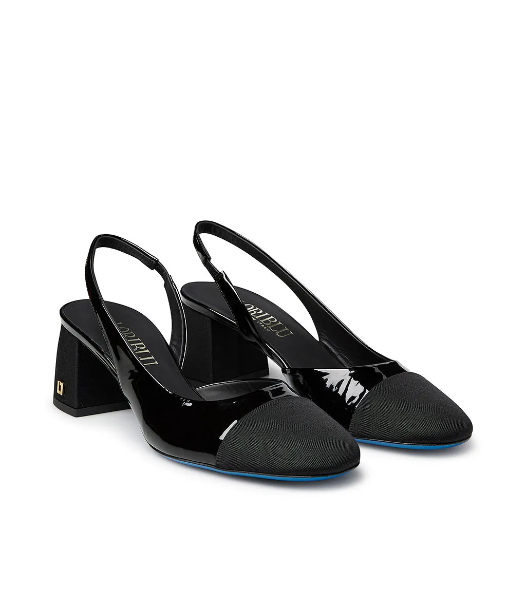 Black Fabric & Patent Leather Logo Plaque Slingback Pumps