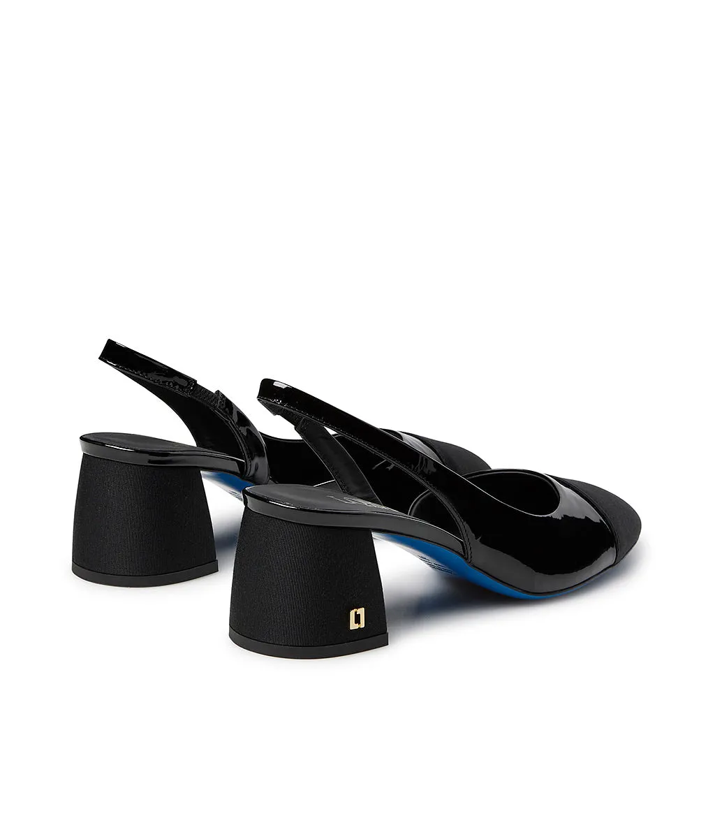 Black Fabric & Patent Leather Logo Plaque Slingback Pumps