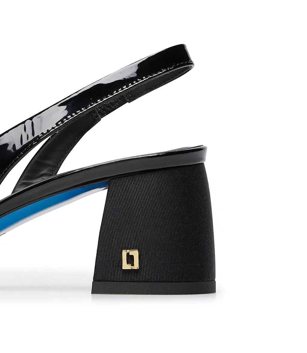 Black Fabric & Patent Leather Logo Plaque Slingback Pumps