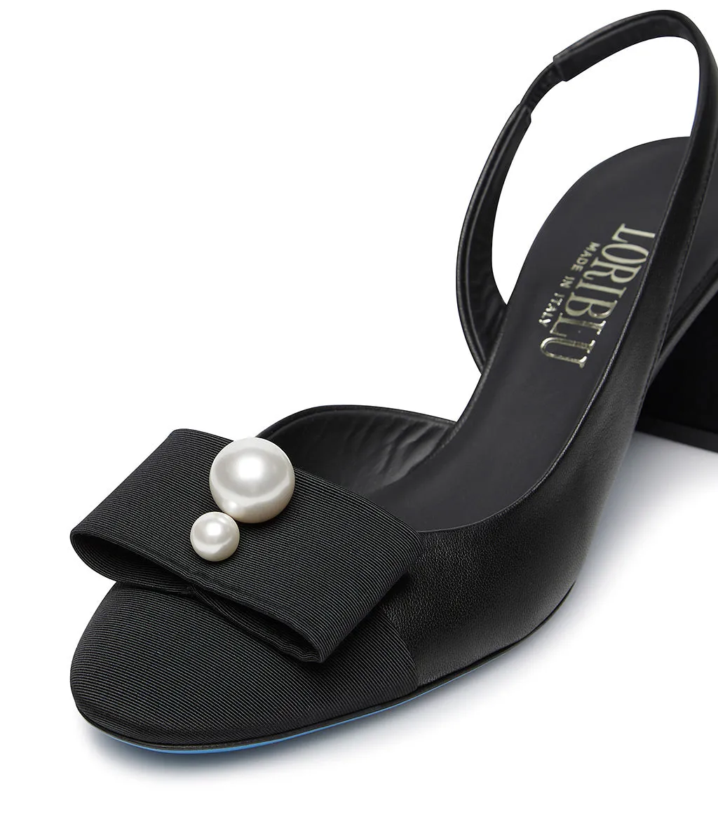 Black Fabric and Nappa Leather Slingback Pumps with Pearls