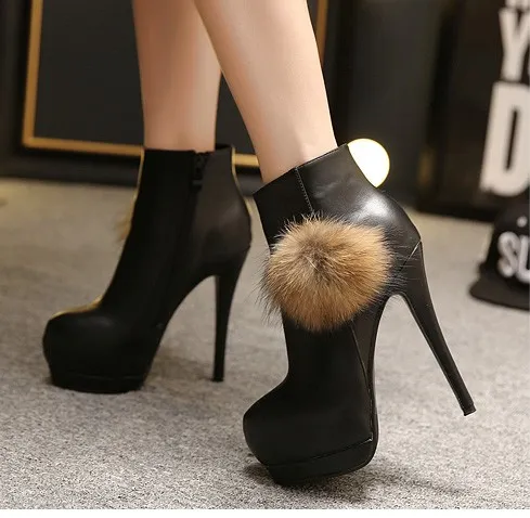 Black Fur Pom Stiletto Platforms