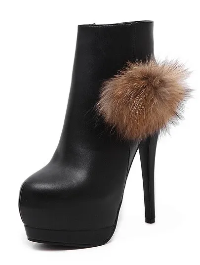 Black Fur Pom Stiletto Platforms