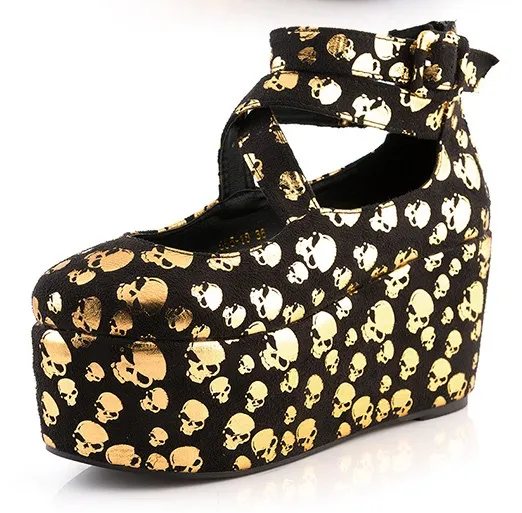 Black Gold Skulls Mary Jane Platforms