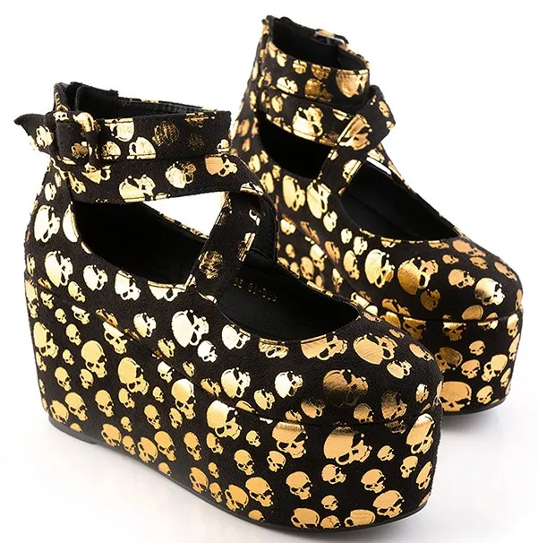 Black Gold Skulls Mary Jane Platforms