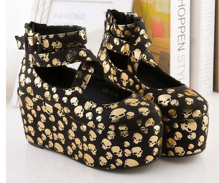 Black Gold Skulls Mary Jane Platforms