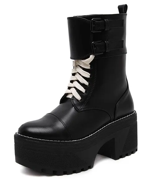 Chunky Heel Lace-Up Punk Rock Boots in Black