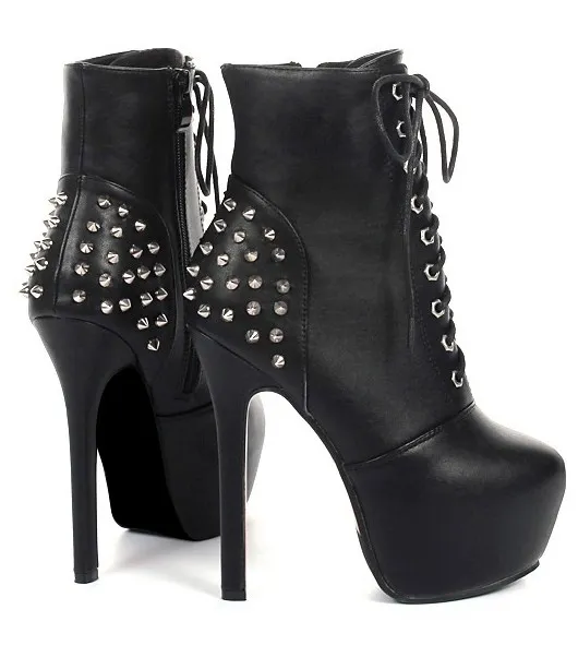 High Top Stiletto Boots with Spikes and Lace-Up Closure