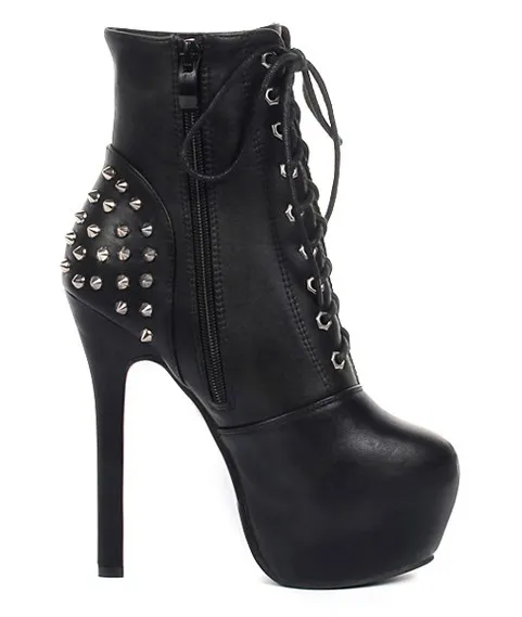 High Top Stiletto Boots with Spikes and Lace-Up Closure