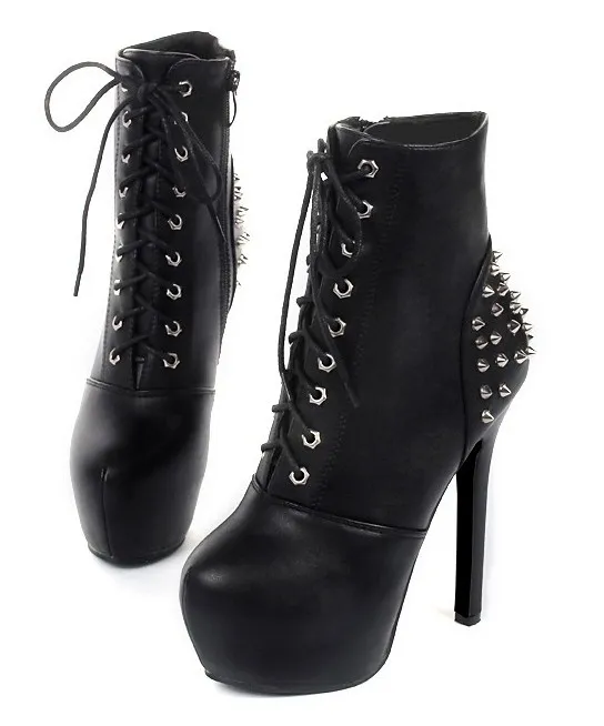 High Top Stiletto Boots with Spikes and Lace-Up Closure