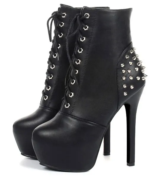 High Top Stiletto Boots with Spikes and Lace-Up Closure