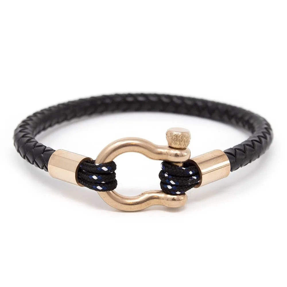 Black Leather Bracelet for Men with Rose Gold Shackle - Large