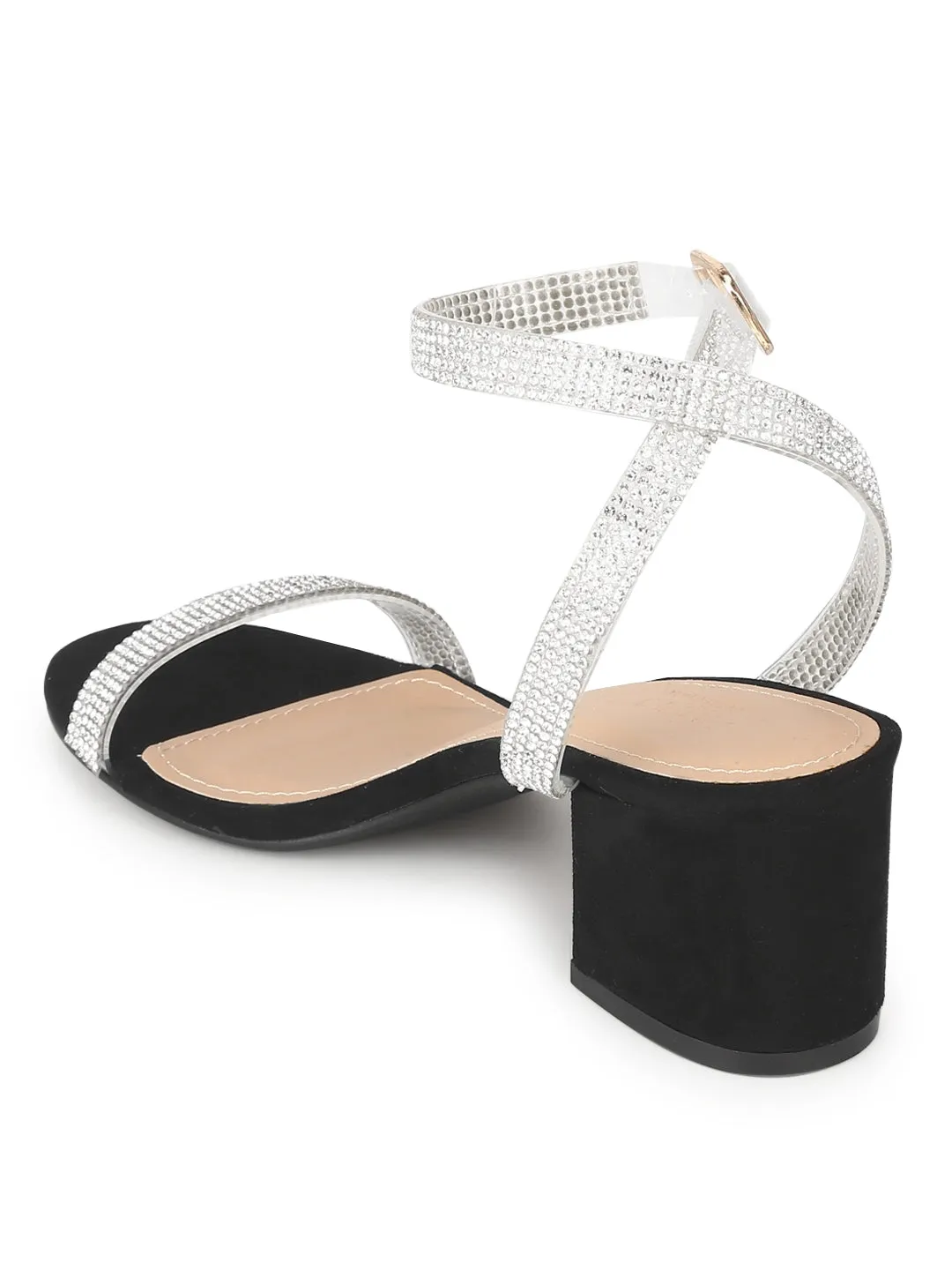 Black Micro Diamante Low Block Heels