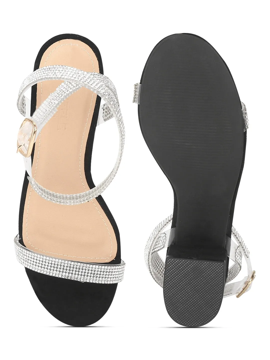 Black Micro Diamante Low Block Heels